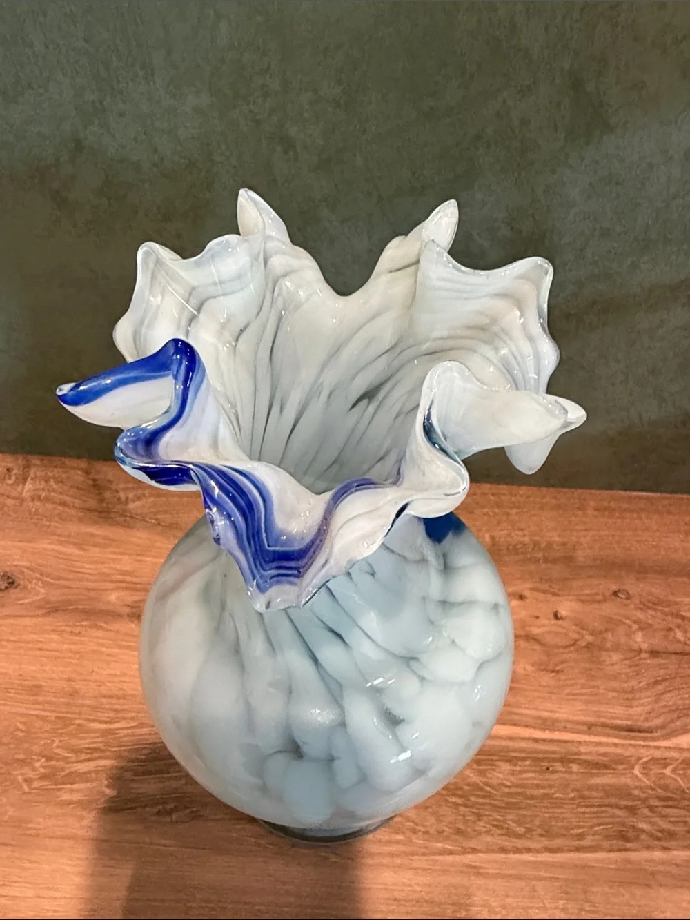 White and Blue Art Glass Ruffled Vase